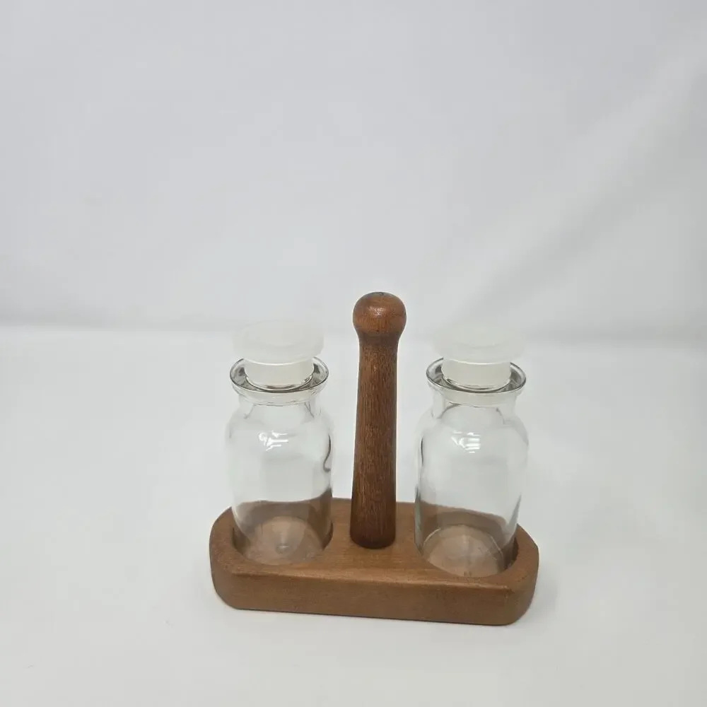 US Plywood Corp Clear Glass Salt and Pepper Shakers Wood Stand Cruet Set Unused